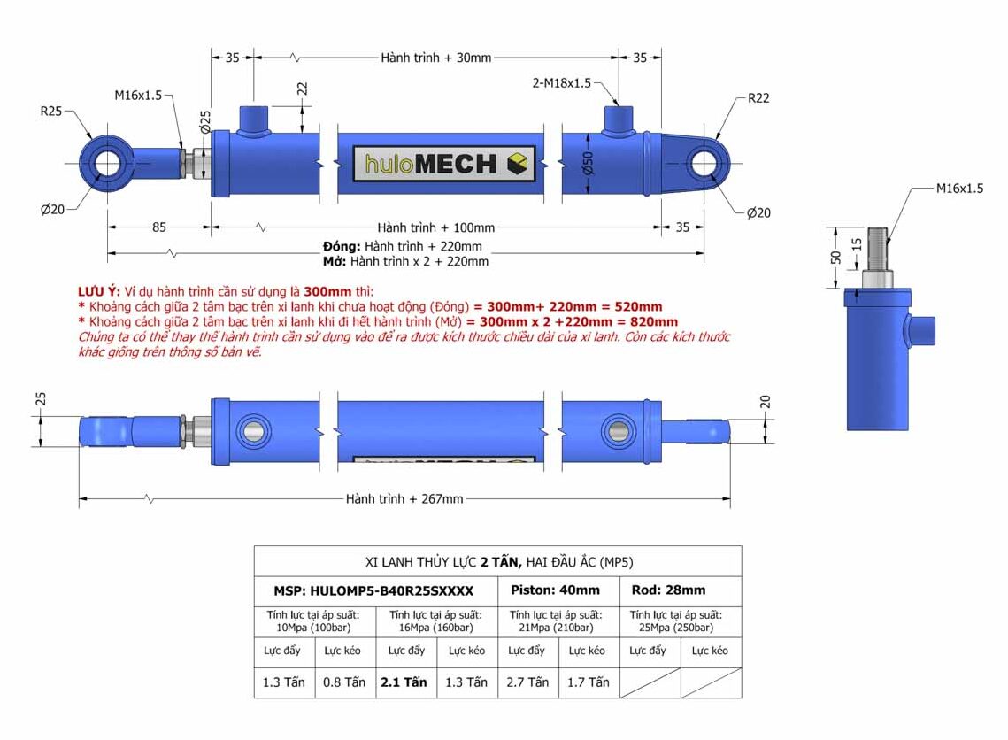 Bản vẽ Xi Lanh Thủy Lực 2 Tấn - Hai đầu ắc vòng bi (MP5)​