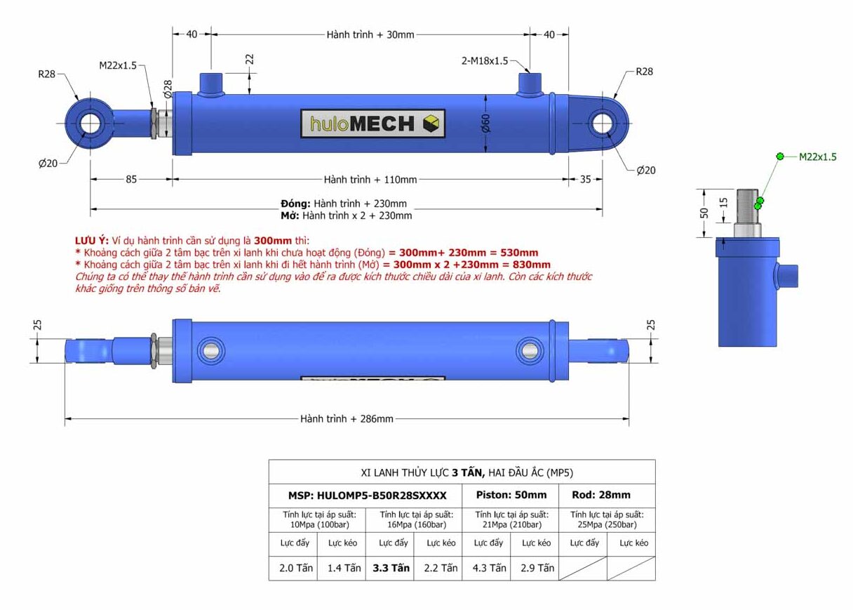 Bản vẽ Xi Lanh Thủy Lực 3 Tấn - Hai đầu ắc vòng bi (MP5) HULOMP5-B50R28SXXXX