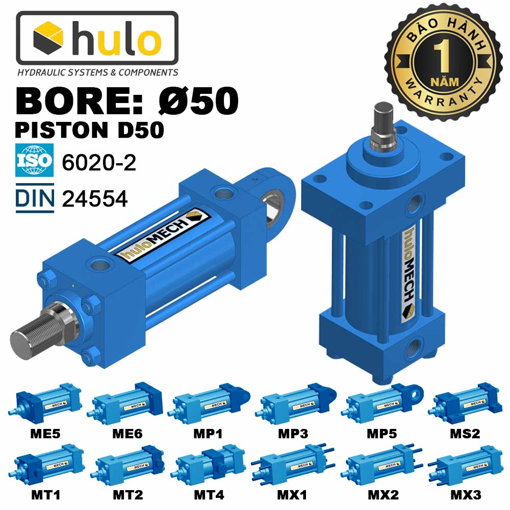 Xi Lanh Thủy Lực Bore 50mm (Piston D50) 3 Tấn - Tiêu Chuẩn ISO 6020-2/DIN 24554