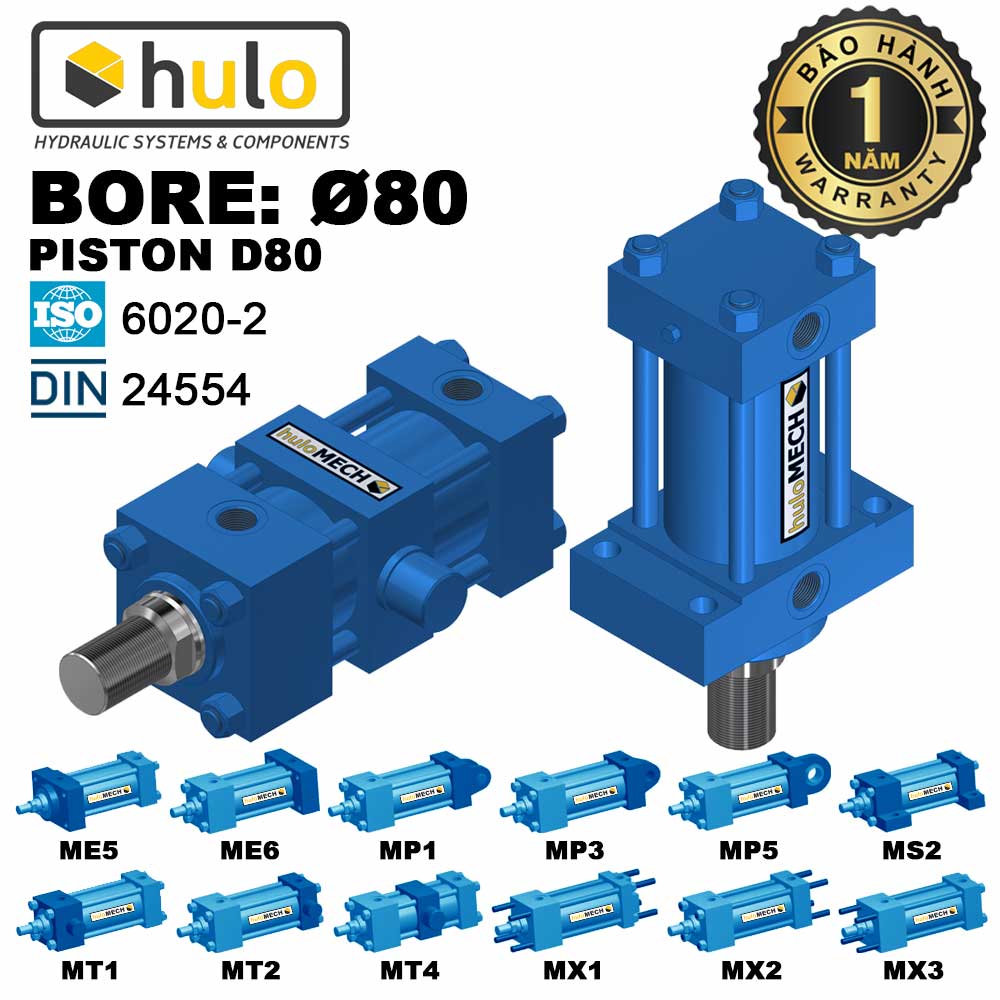 Xi Lanh Thủy Lực Bore 80mm (Piston D80) 8 Tấn - Tiêu Chuẩn ISO 6020-2/DIN 24554