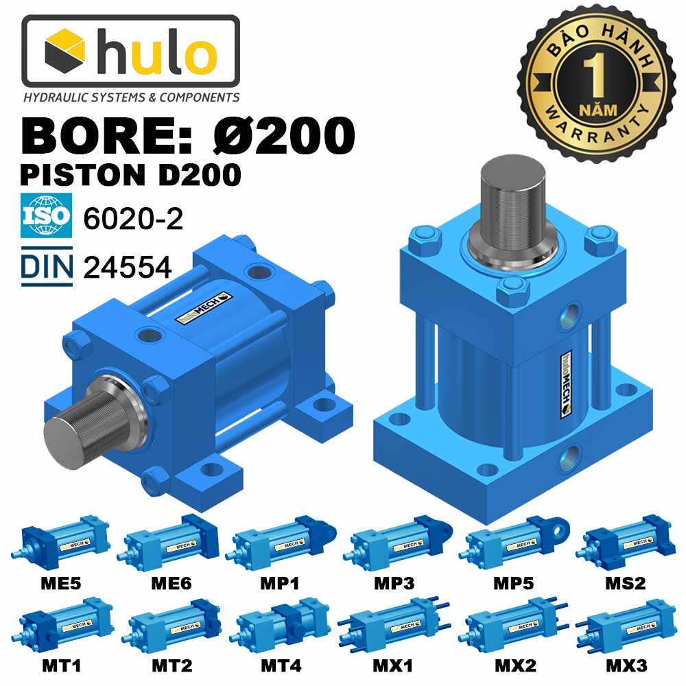 Xi Lanh Thủy Lực Bore 200mm (Piston D200) 70 Tấn - Tiêu Chuẩn ISO 6020-2/DIN 24554